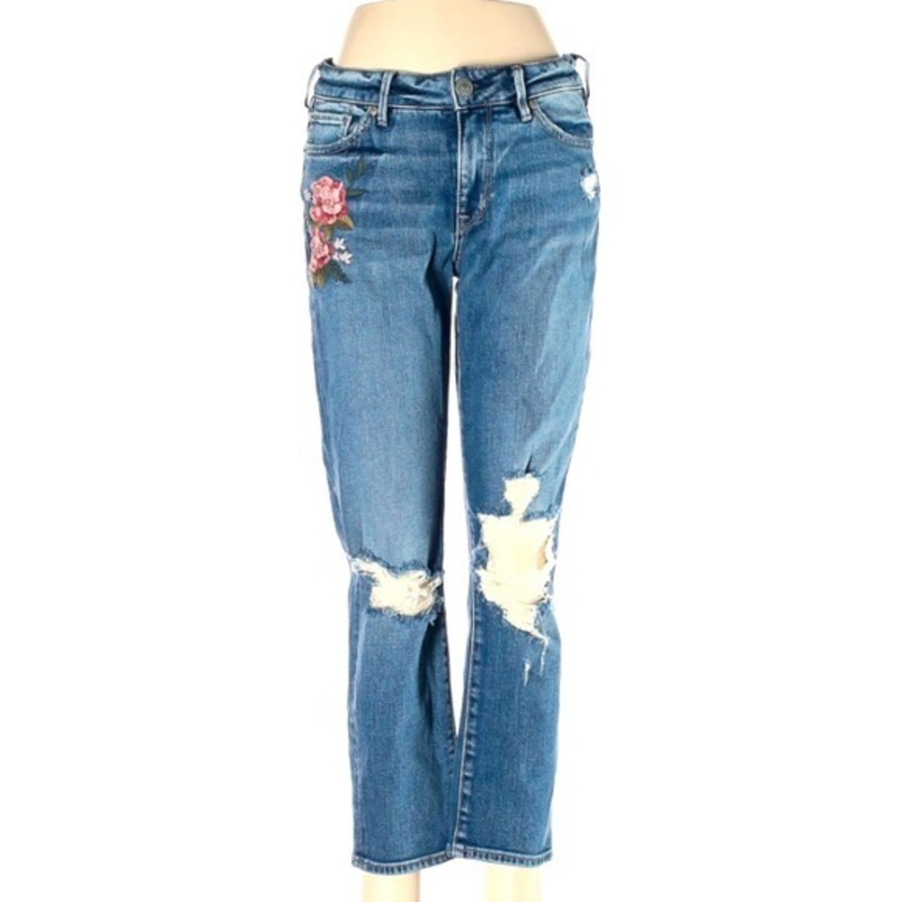 Silver Mazy Slim Crop W28/L25 med. blue wash distressed embroidered skinny jeans